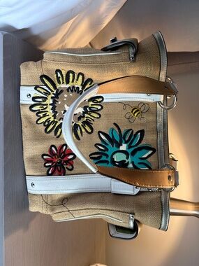 Coach Floral Embroidered Tote in Tan with Teal, Yellow & Red Accents